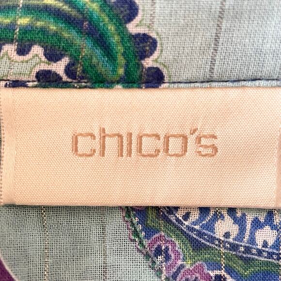 Chico's Blue Green Silver Metallic Paisley Button Up Shirt Sz 16 Casual Career - Picture 6 of 8